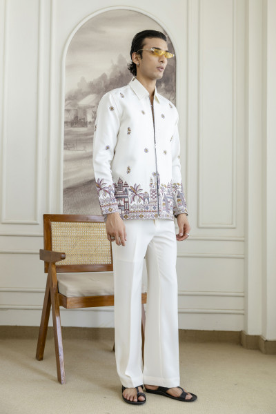 Embroidered Chained Shacket In White