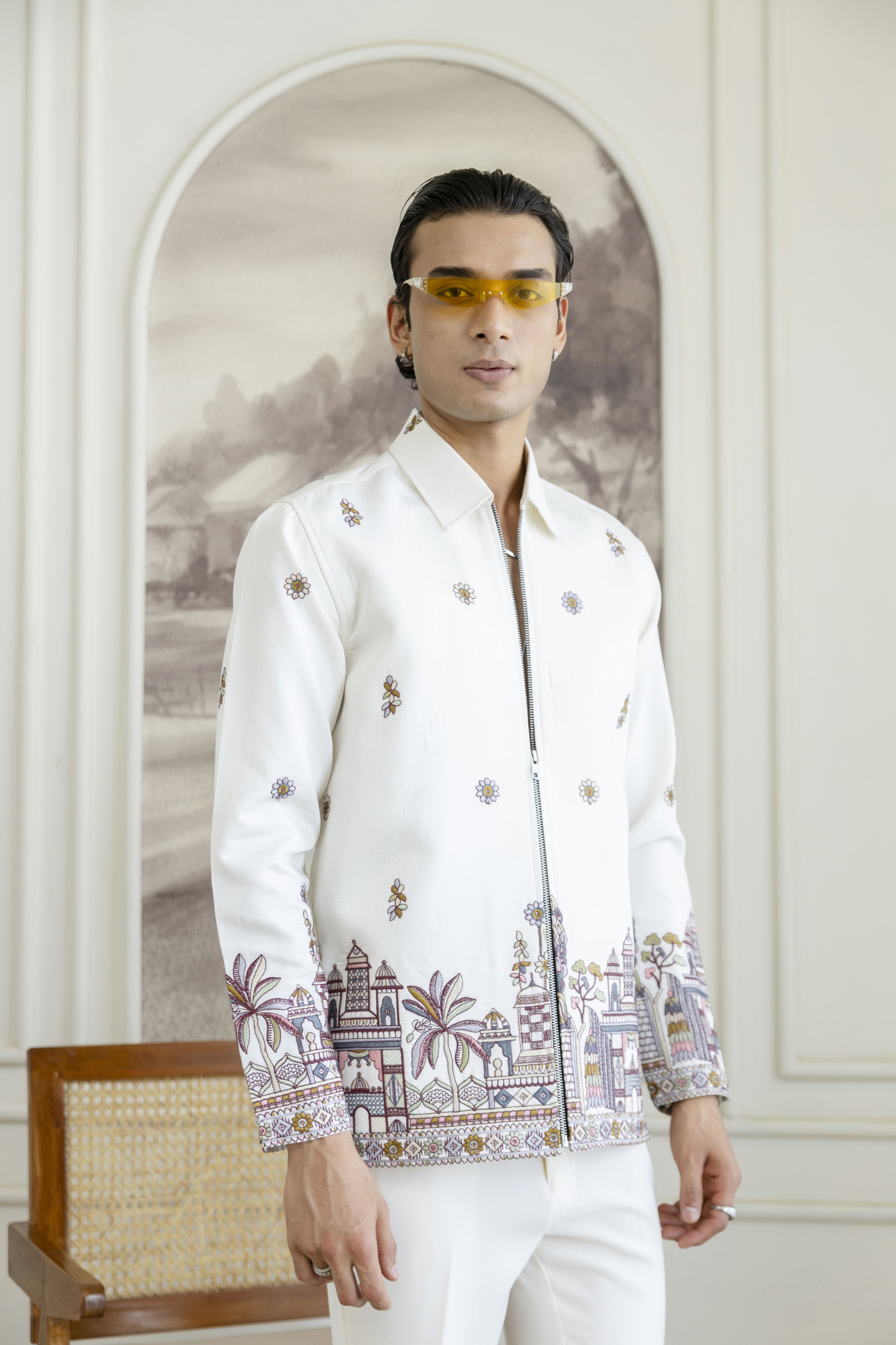 Embroidered Chained Shacket In White