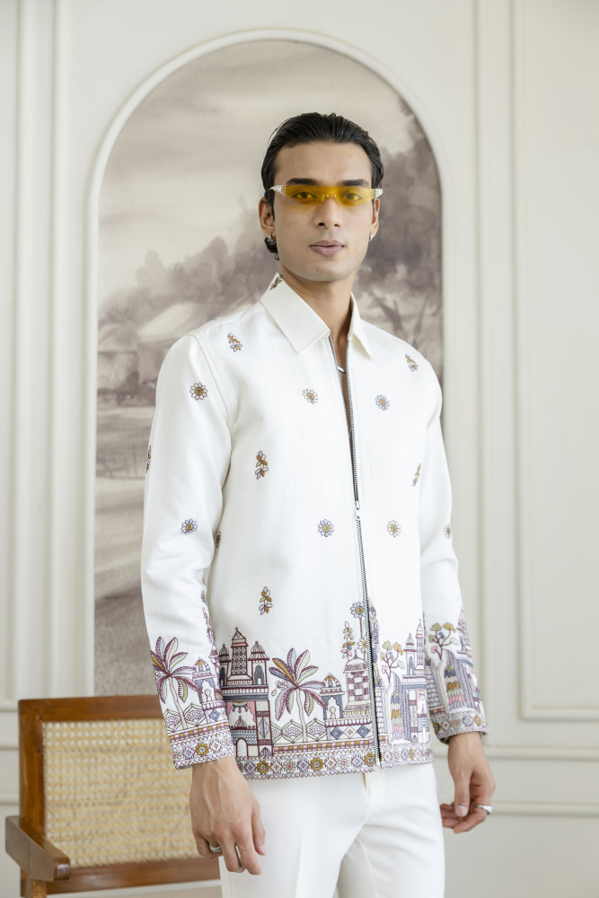 Image of Embroidered Chained Shacket In White