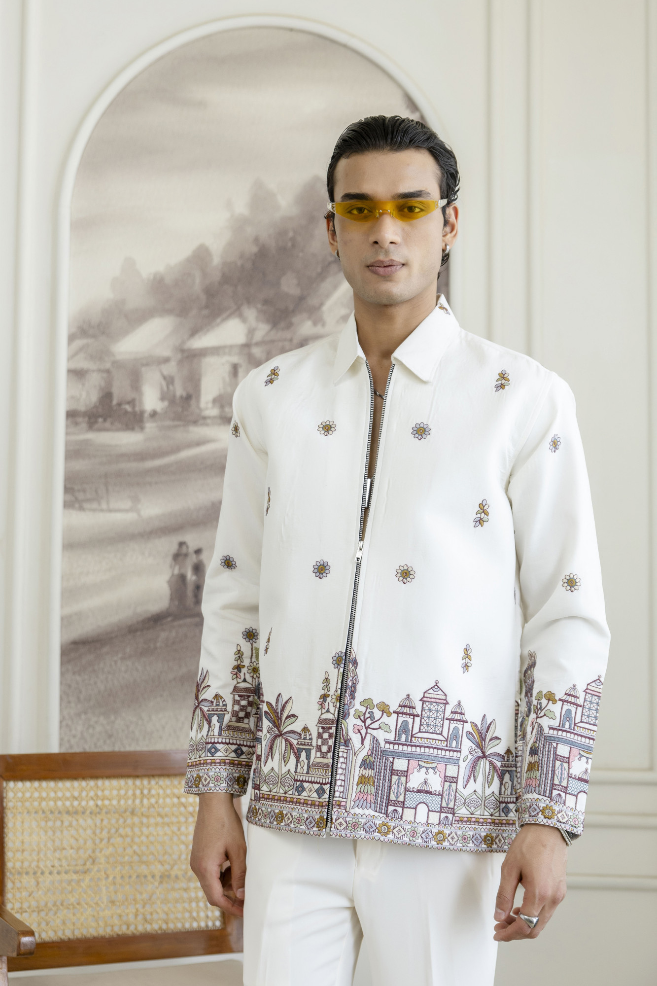 Embroidered Chained Shacket In White
