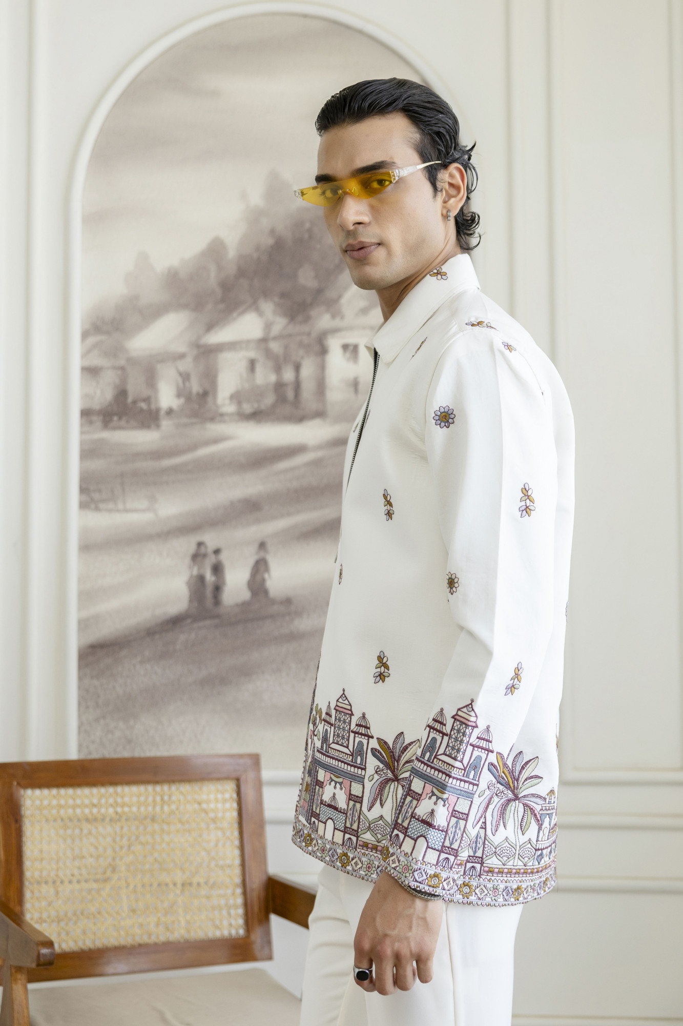 Embroidered Chained Shacket In White
