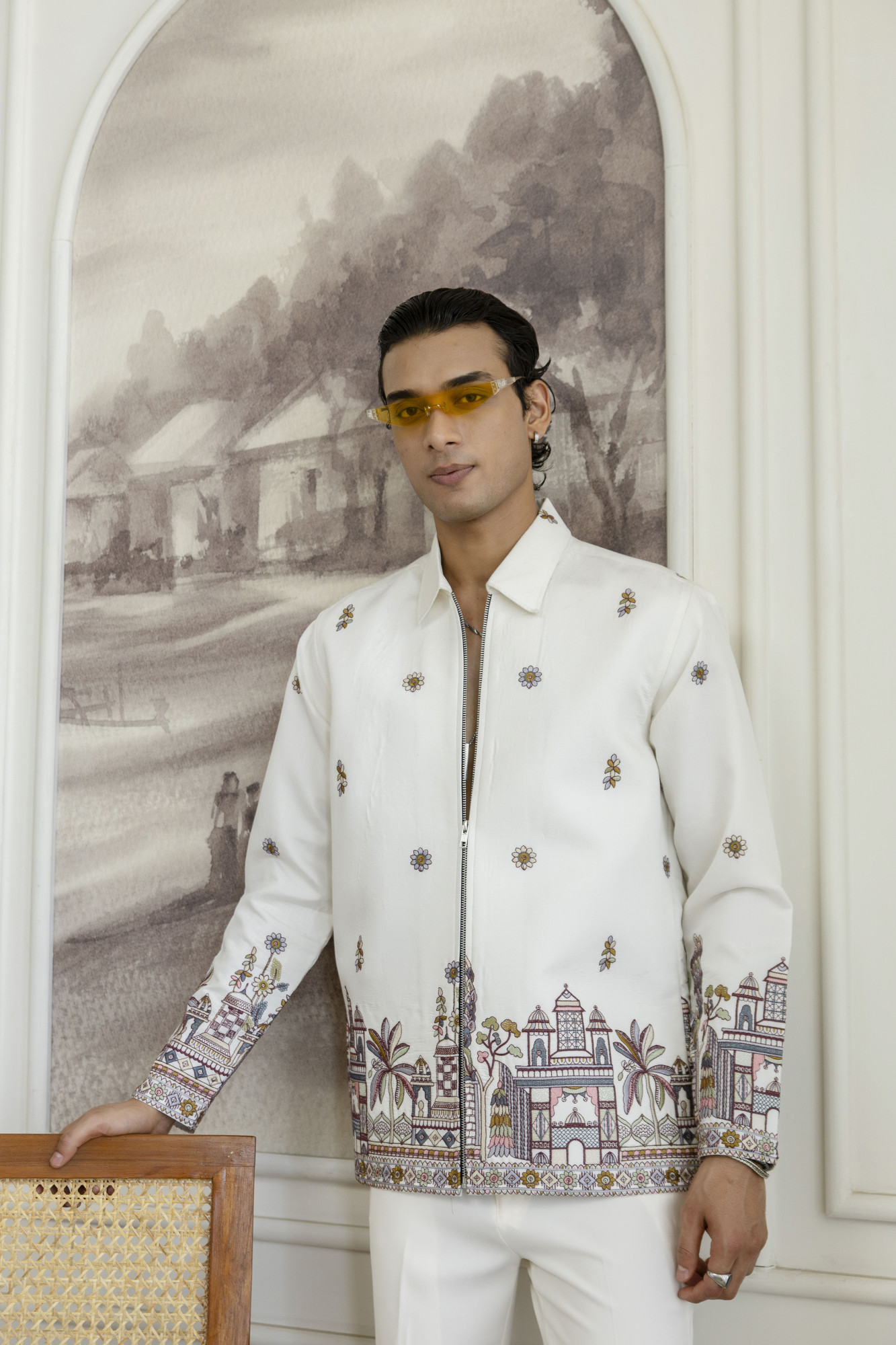 Embroidered Chained Shacket In White