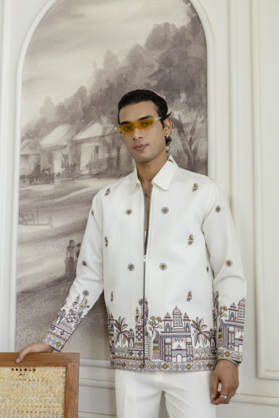Embroidered Chained Shacket In White