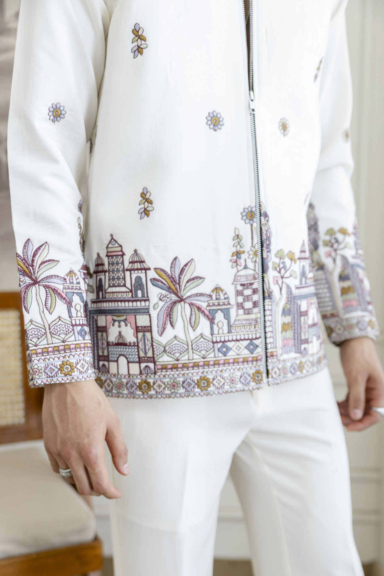 Embroidered Chained Shacket In White