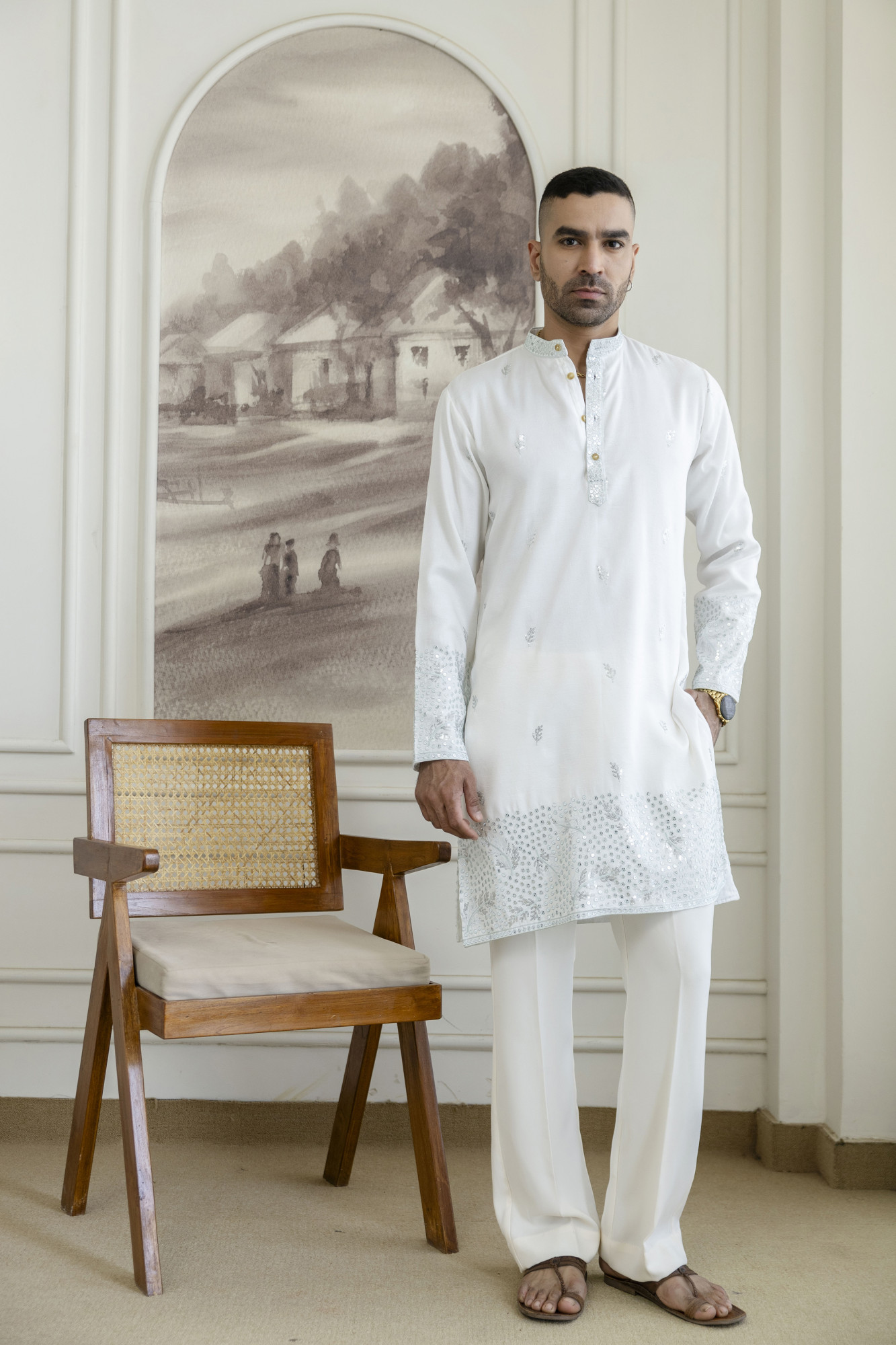 Embroidered Daman Work Kurta In Mint