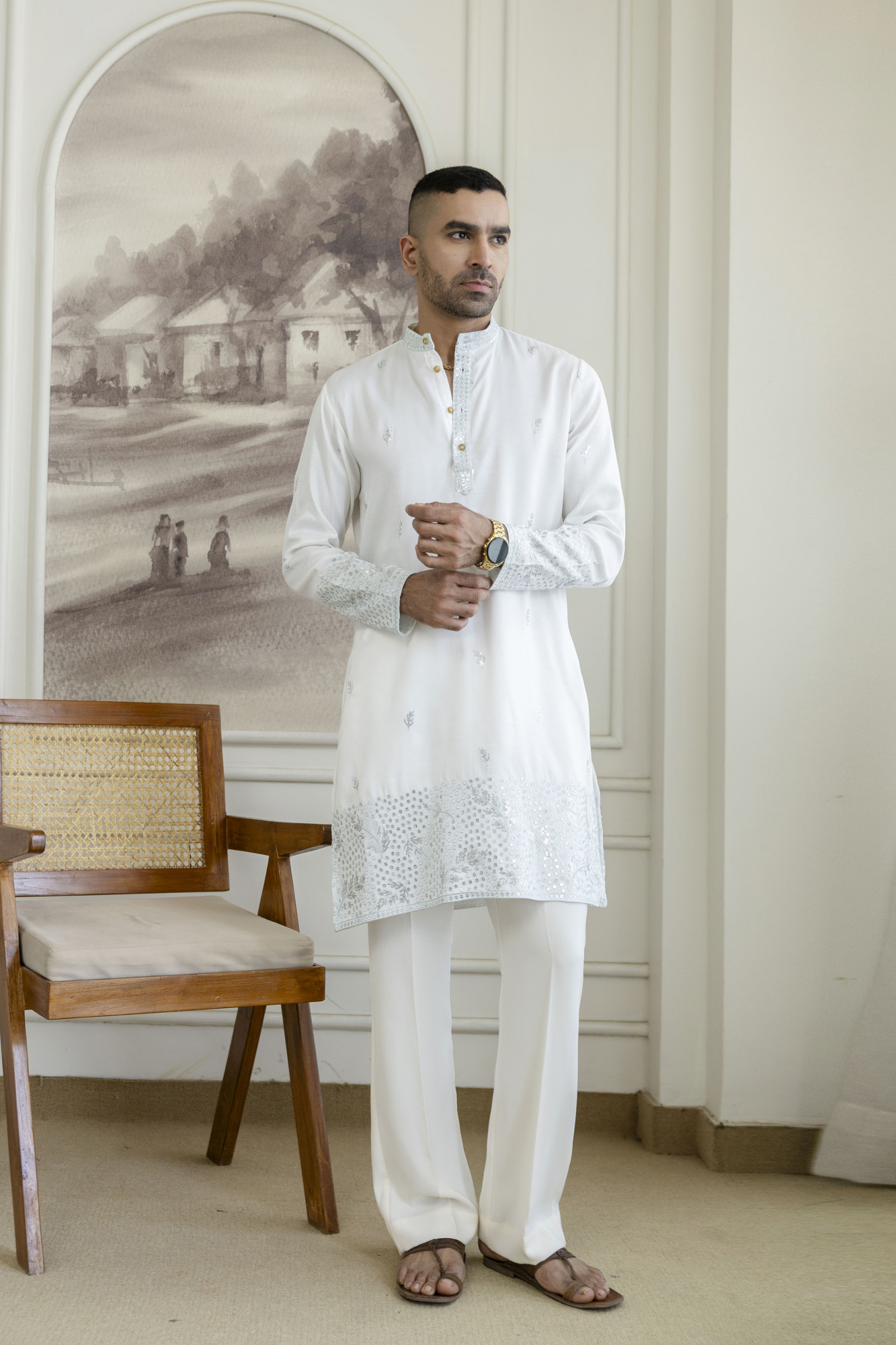 Embroidered Daman Work Kurta In Mint