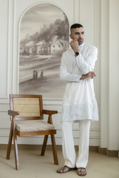 Embroidered Daman Work Kurta In Mint