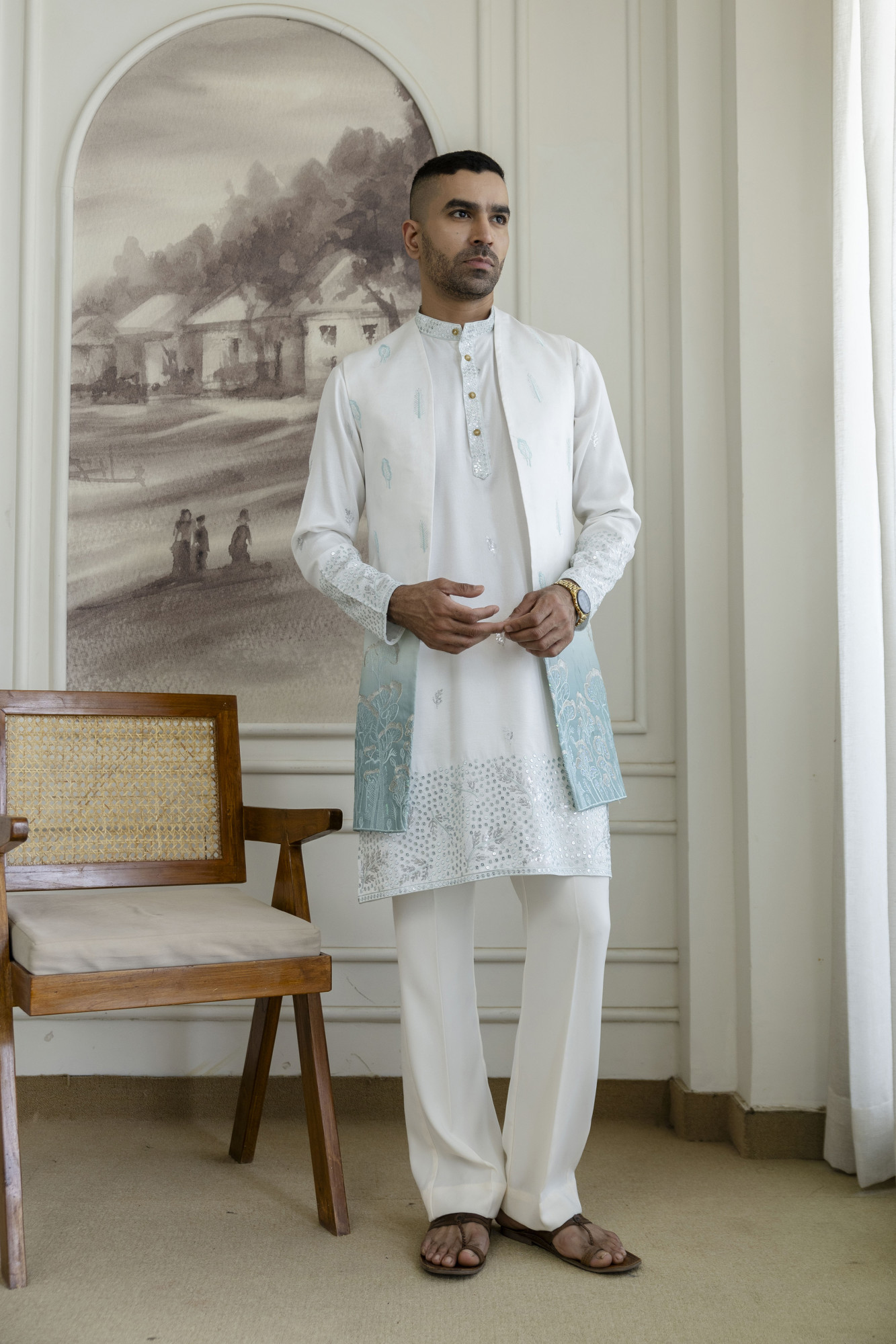 Ombre Embroidered High Neck Jacket In Mint Green