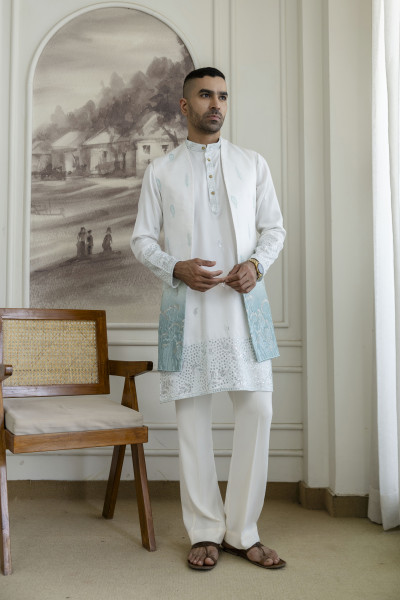 Ombre Embroidered High Neck Jacket In Mint Green