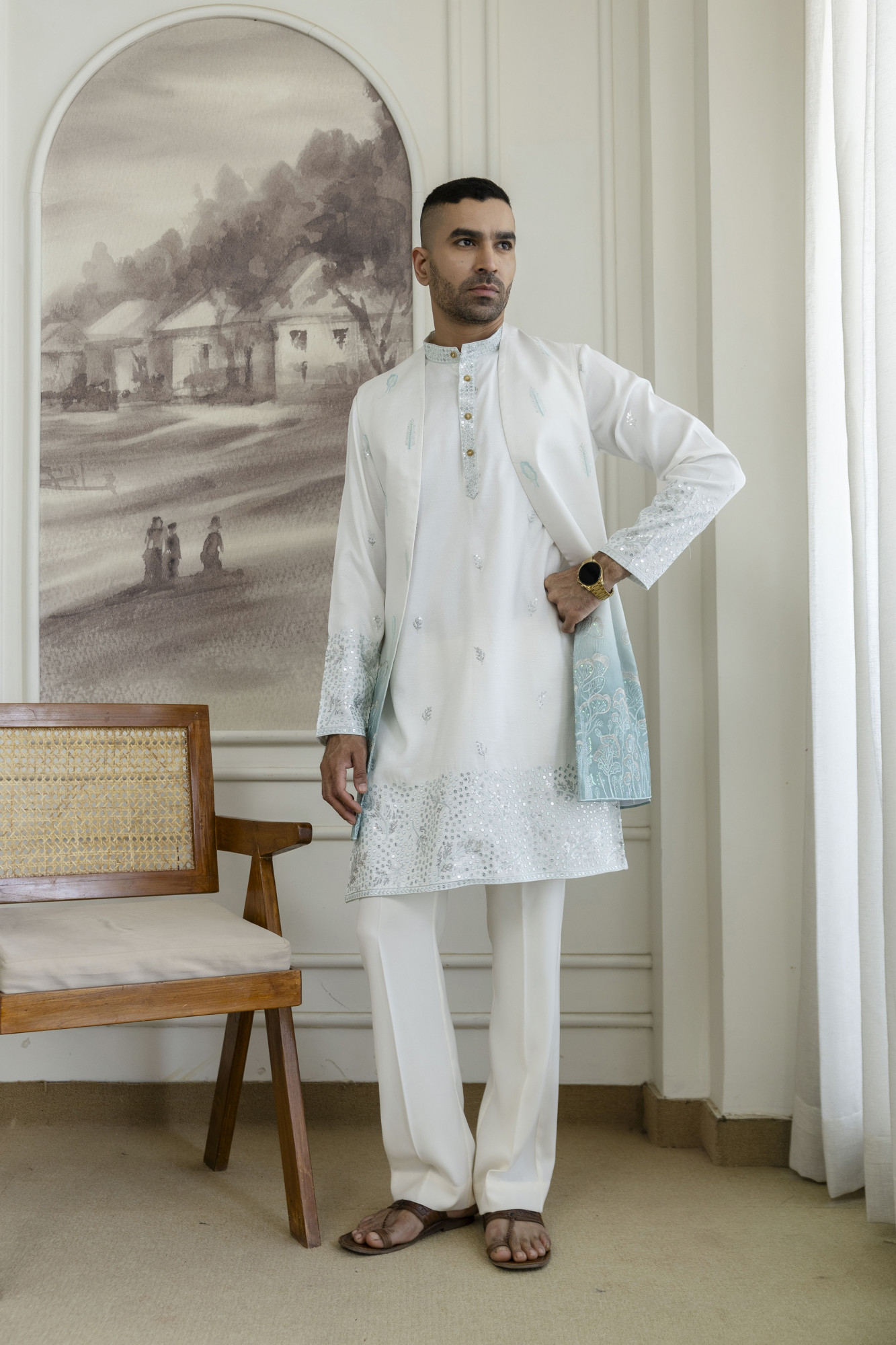 Ombre Embroidered High Neck Jacket In Mint Green