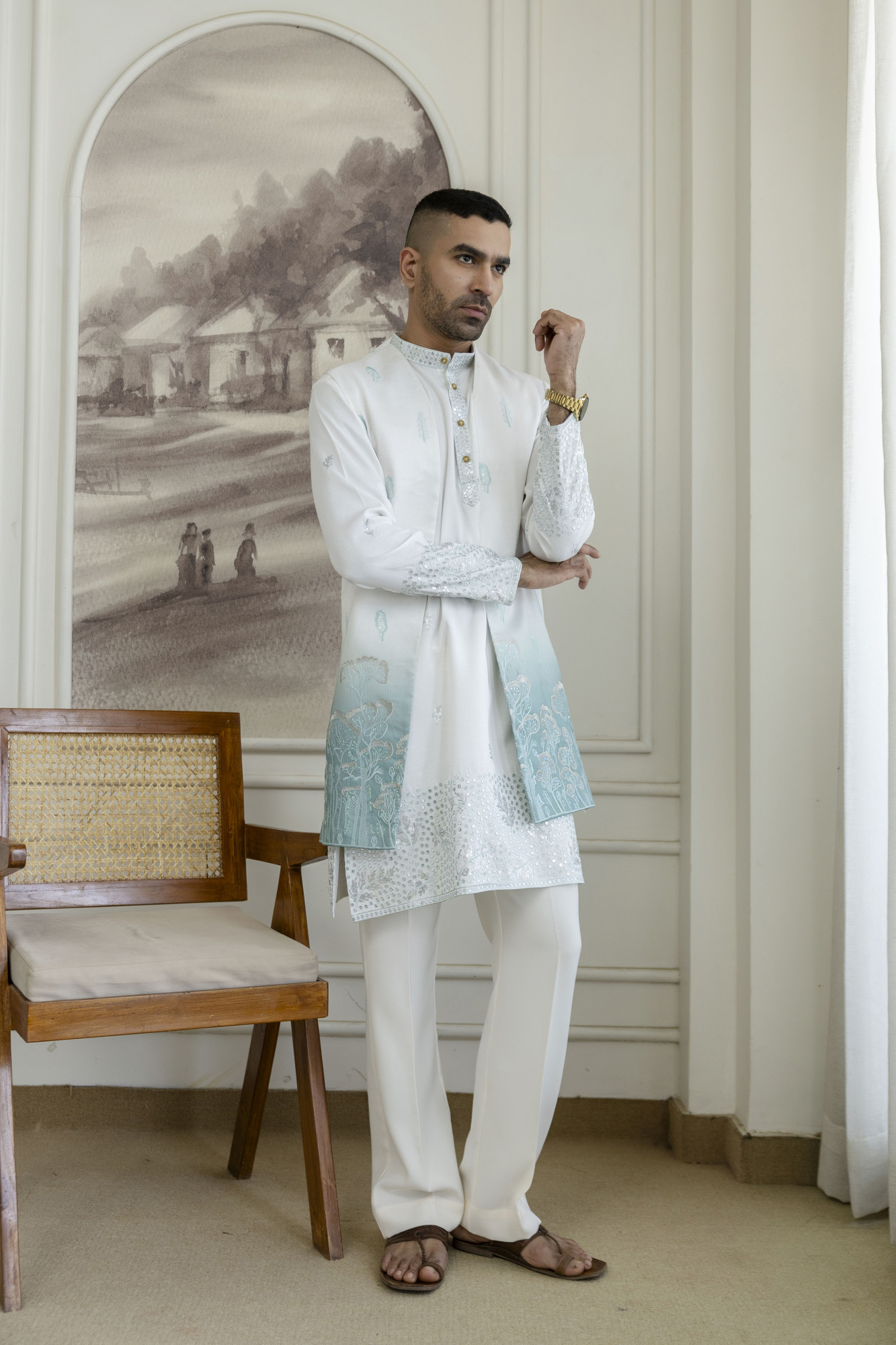 Ombre Embroidered High Neck Jacket In Mint Green