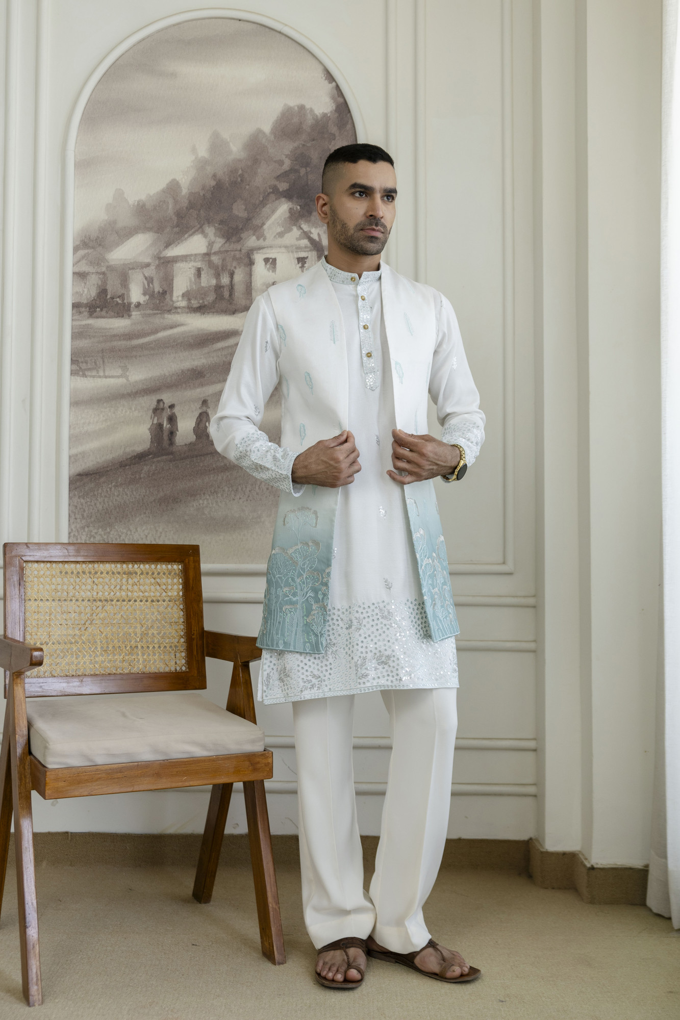 Ombre Embroidered High Neck Jacket In Mint Green