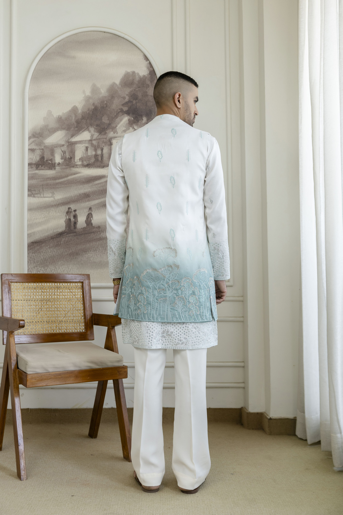 Ombre Embroidered High Neck Jacket In Mint Green