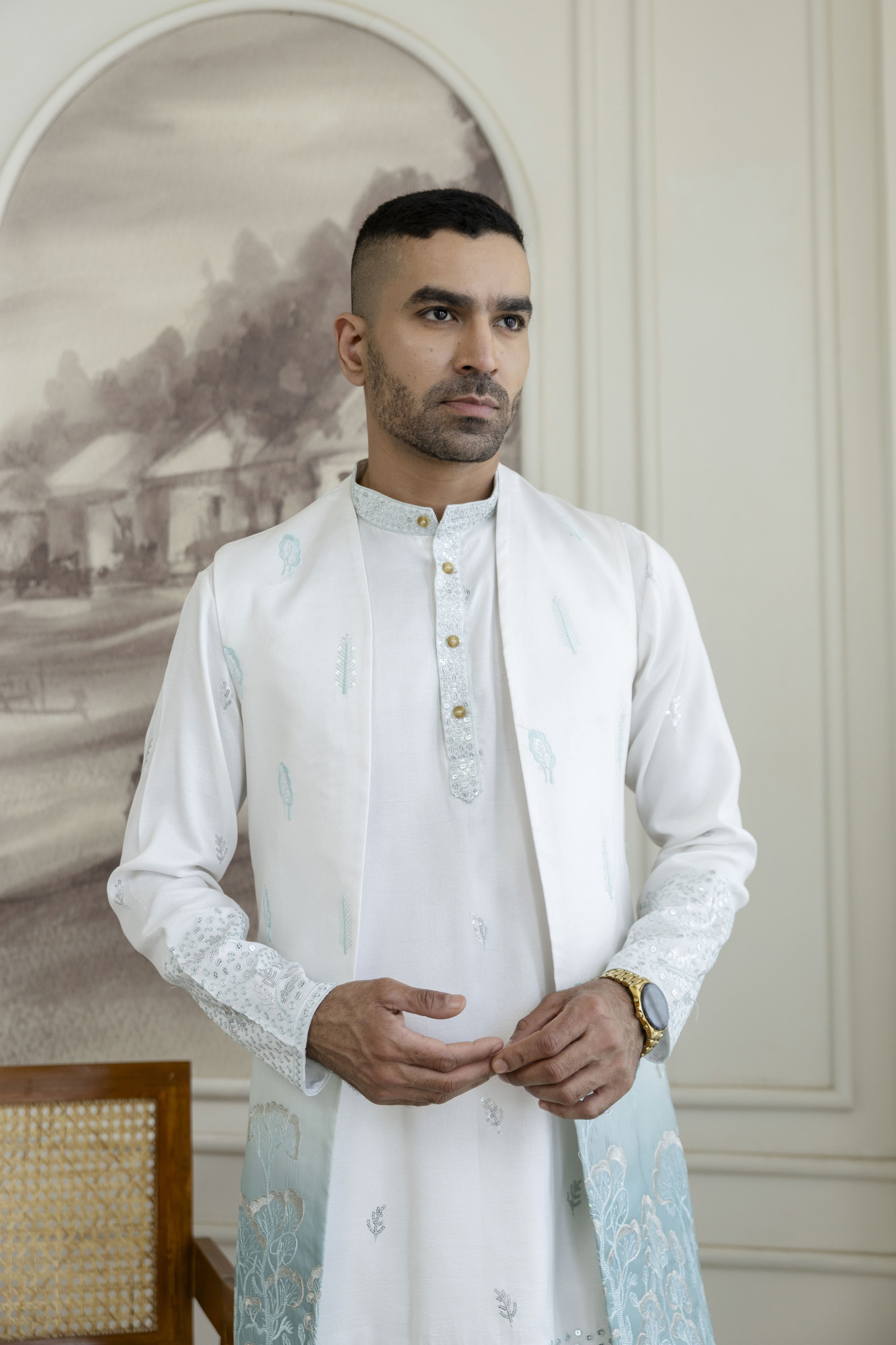 Ombre Embroidered High Neck Jacket In Mint Green