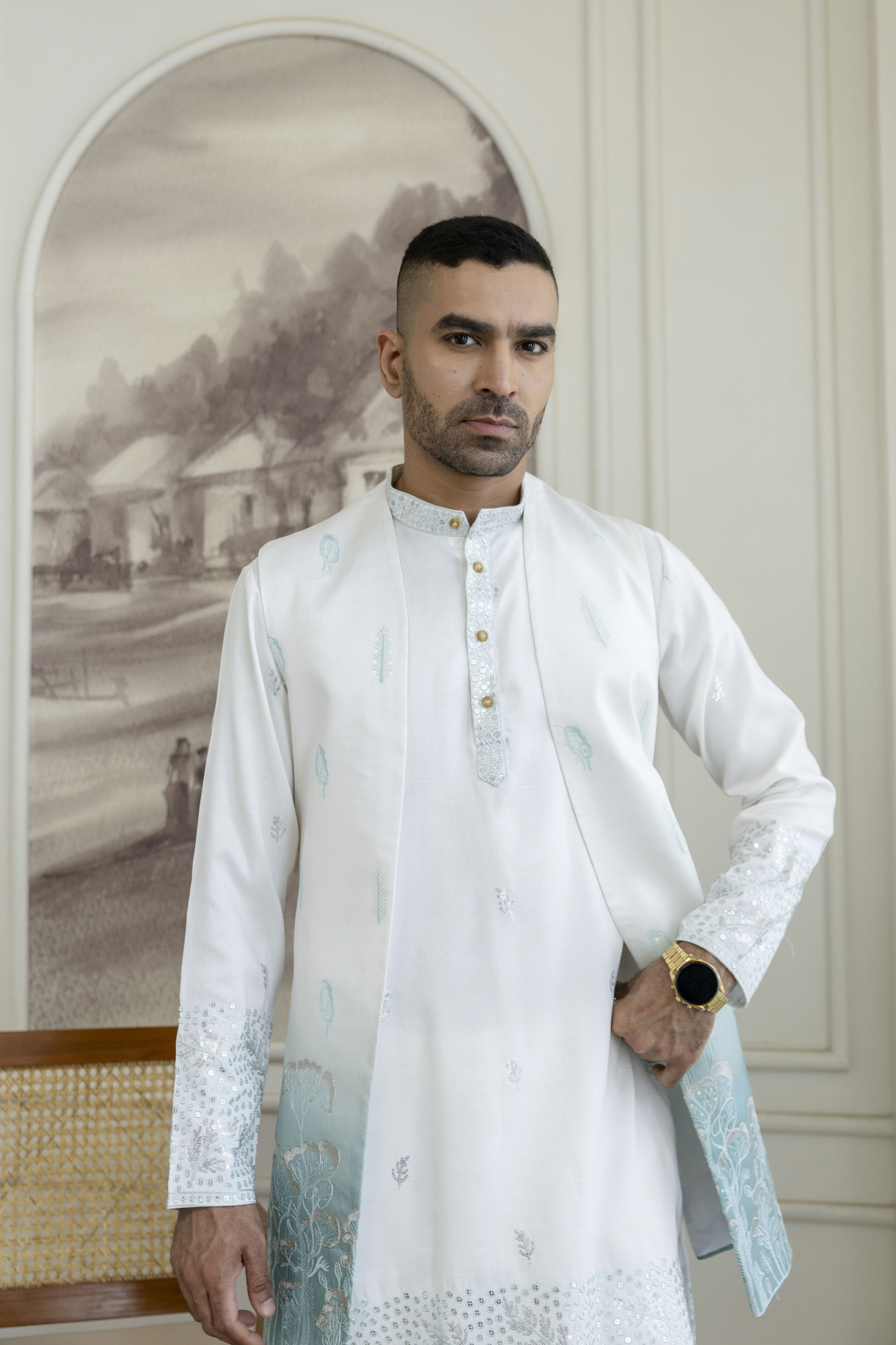 Ombre Embroidered High Neck Jacket In Mint Green