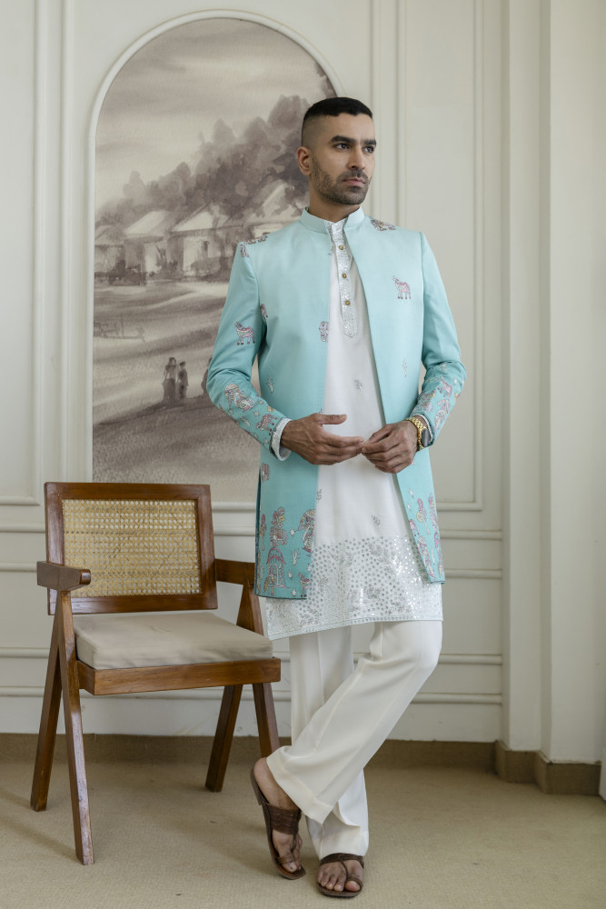 Image of Ombre Open Bandhgala In Turquoise