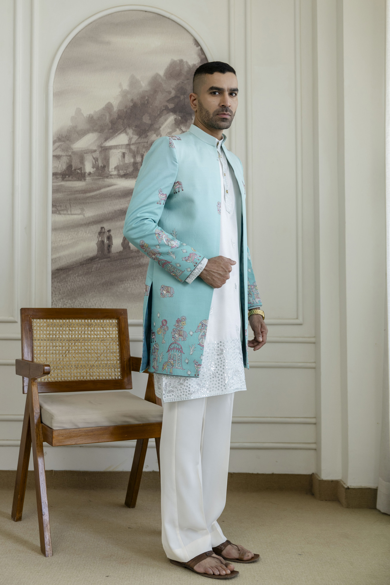 Ombre Open Bandhgala In Turquoise