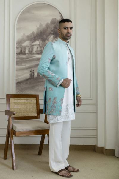 Ombre Open Bandhgala In Turquoise