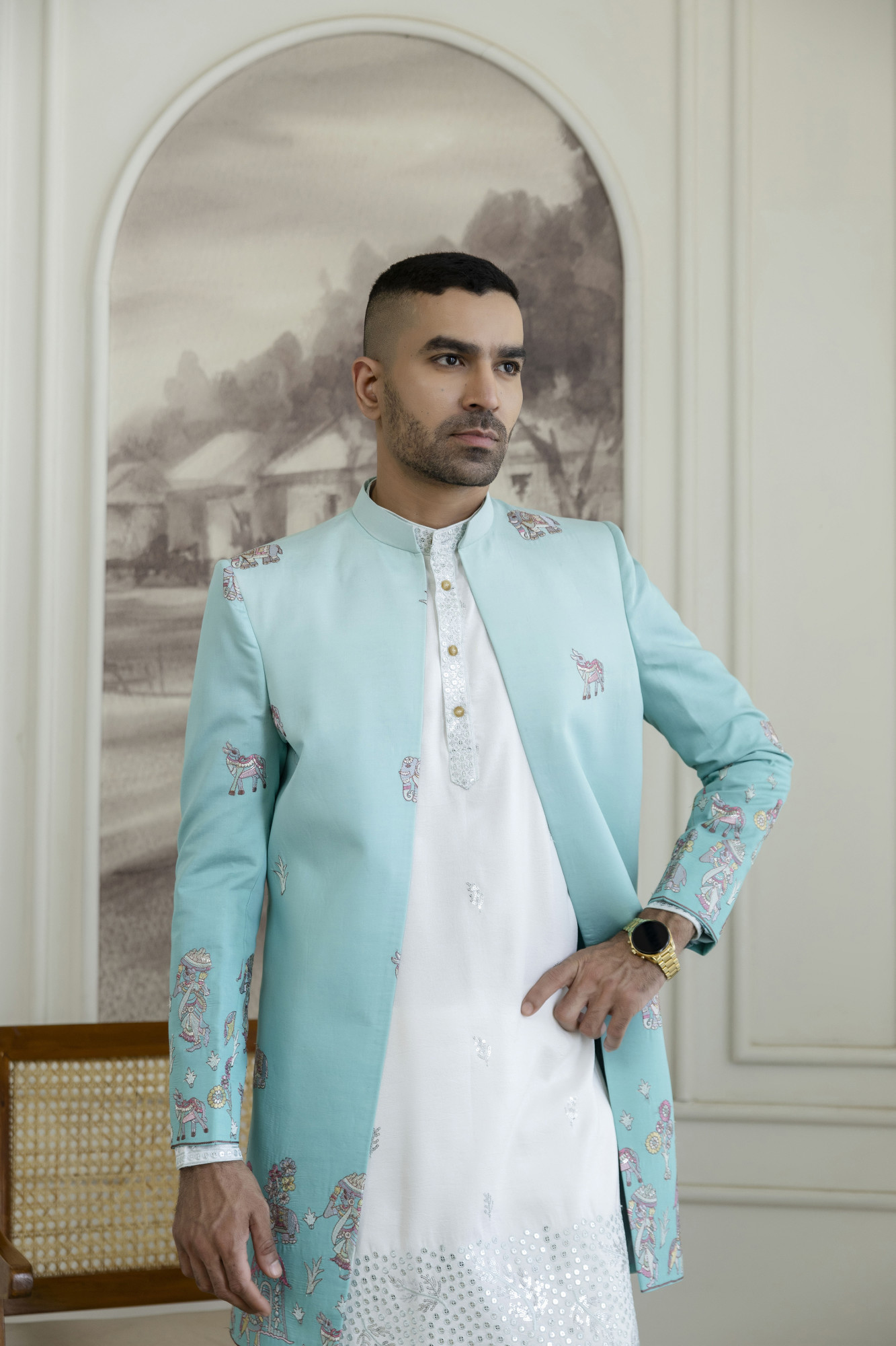 Ombre Open Bandhgala In Turquoise