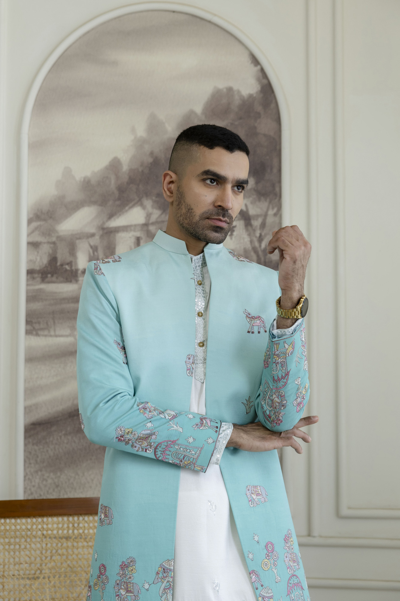 Ombre Open Bandhgala In Turquoise