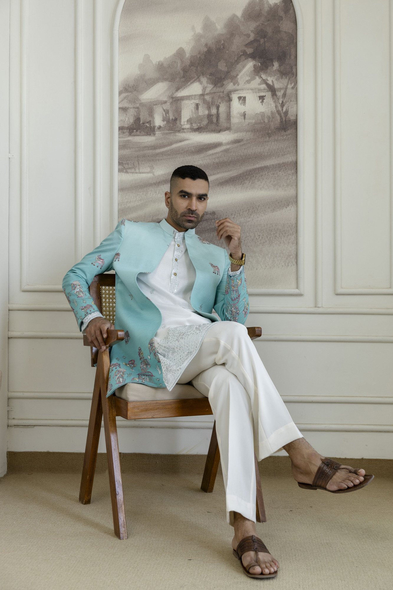 Ombre Open Bandhgala In Turquoise