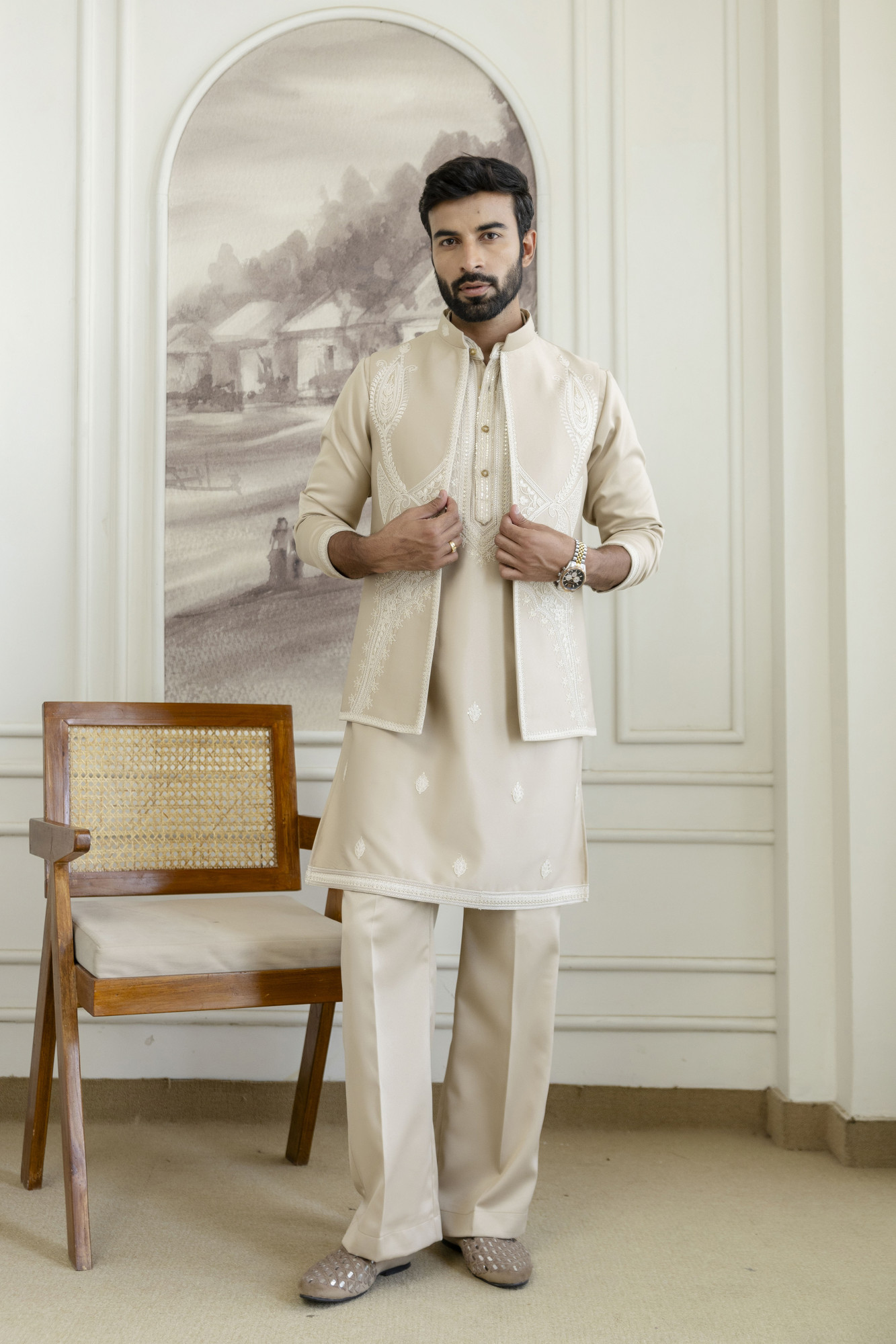 Embroidered Koti Kurta Set In Beige