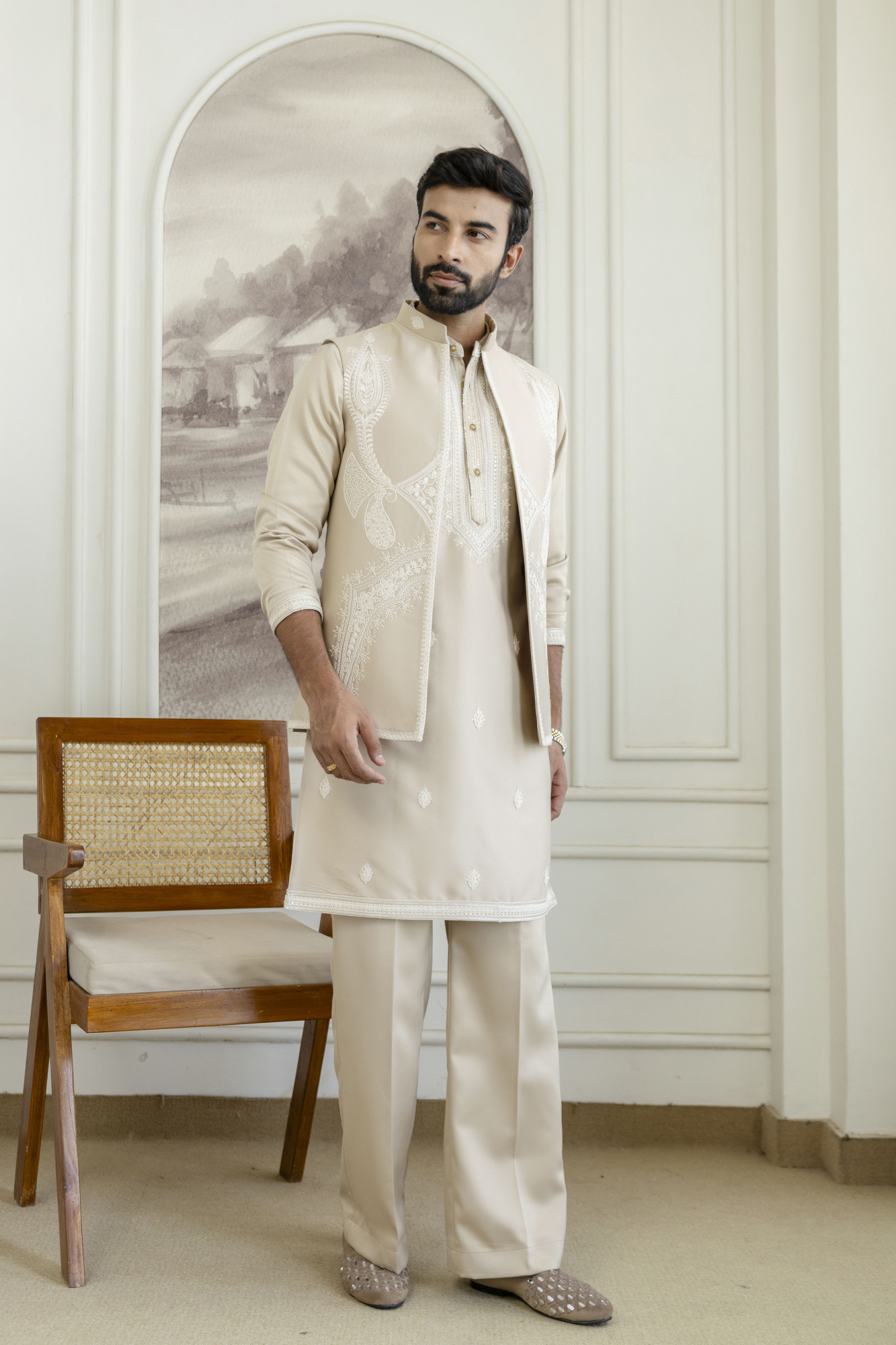 Embroidered Koti Kurta Set In Beige