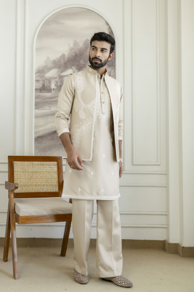 Embroidered Koti Kurta Set In Beige