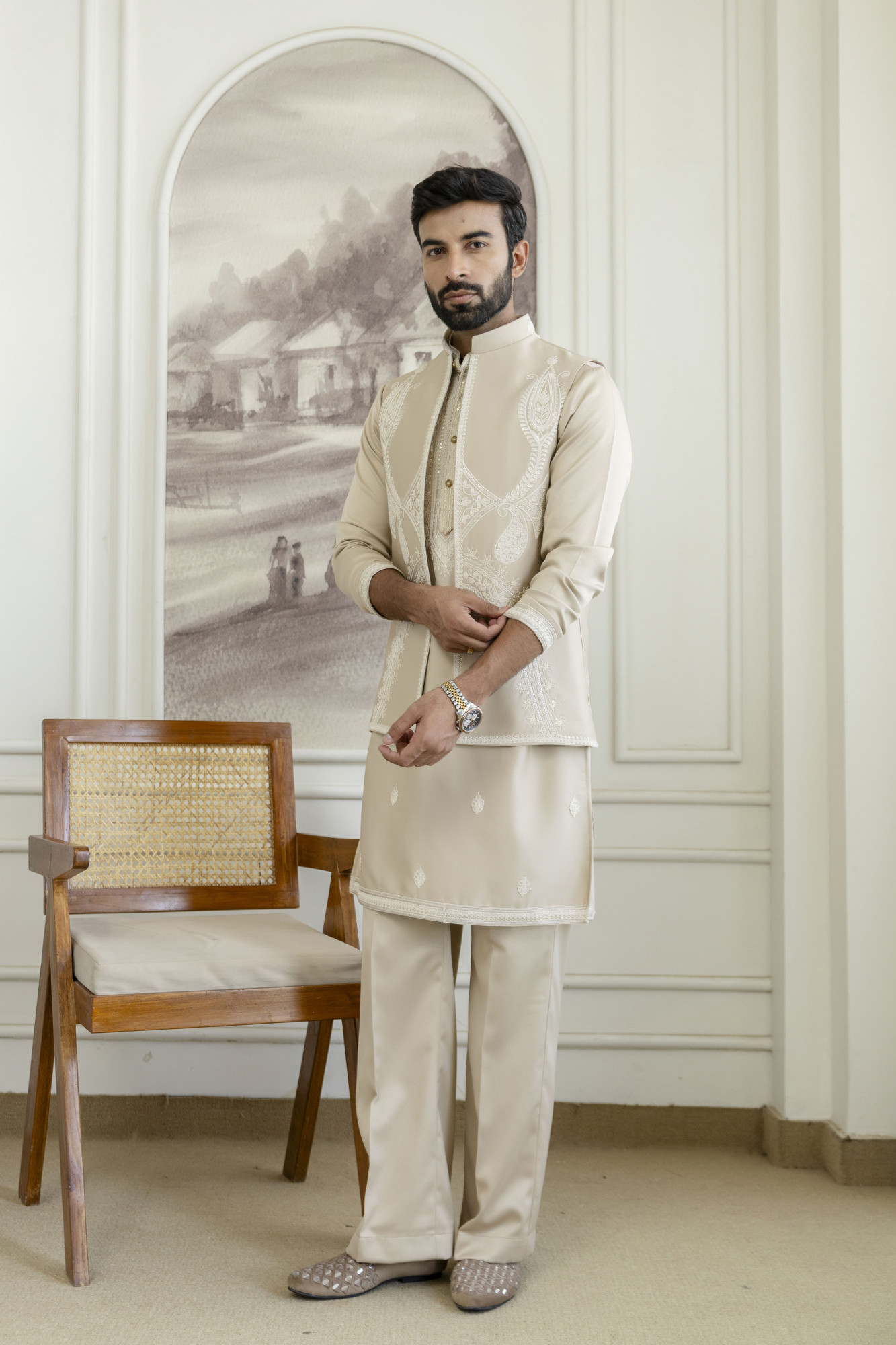 Embroidered Koti Kurta Set In Beige