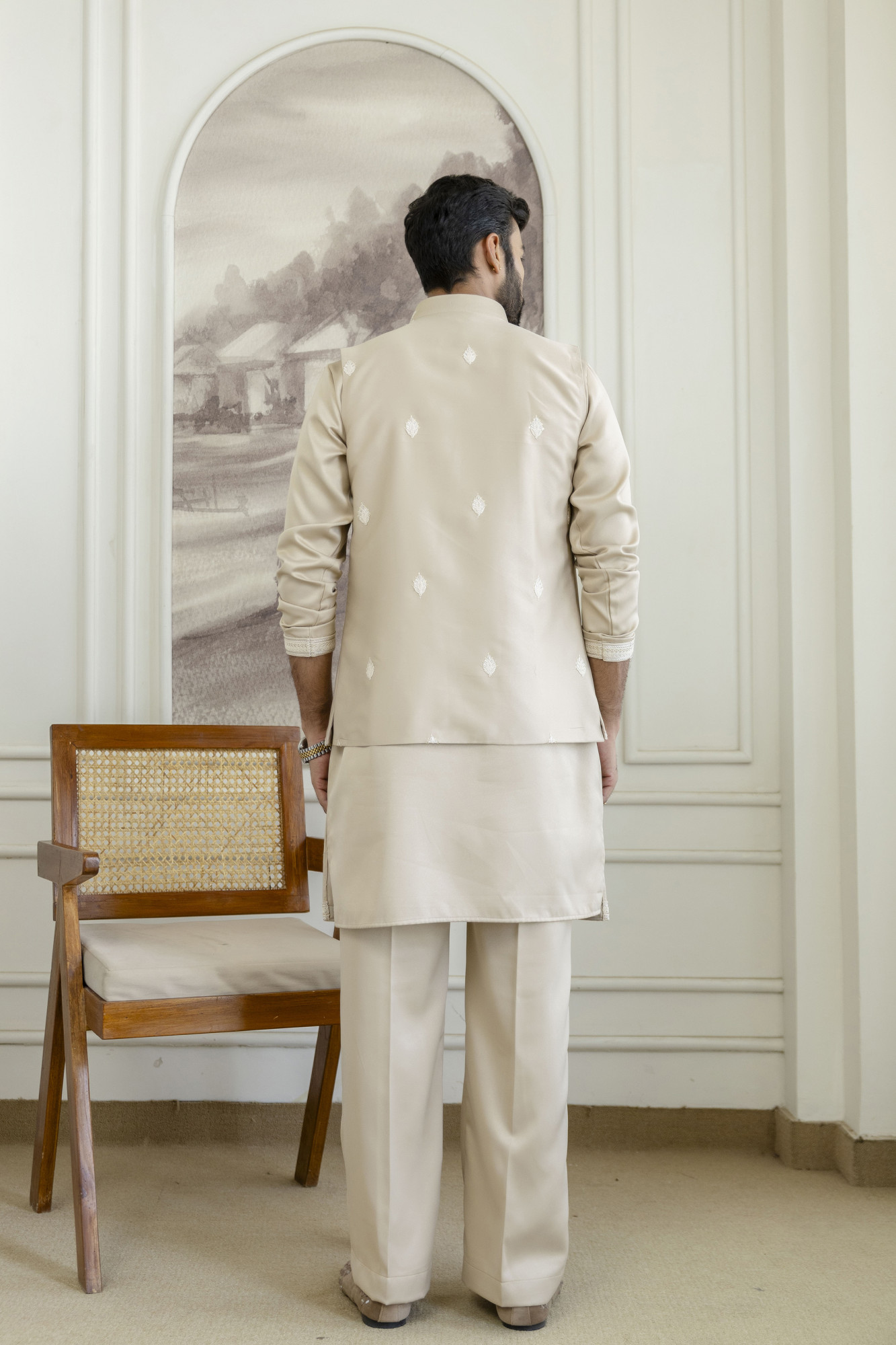 Embroidered Koti Kurta Set In Beige