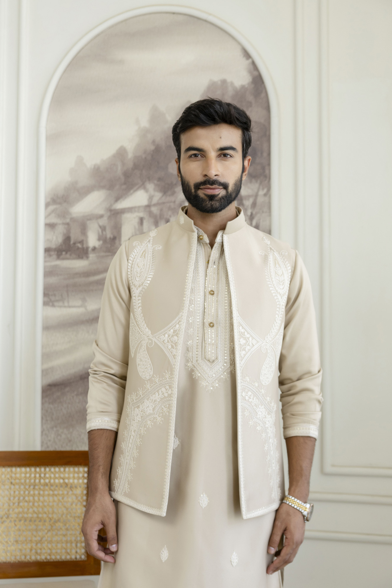 Embroidered Koti Kurta Set In Beige