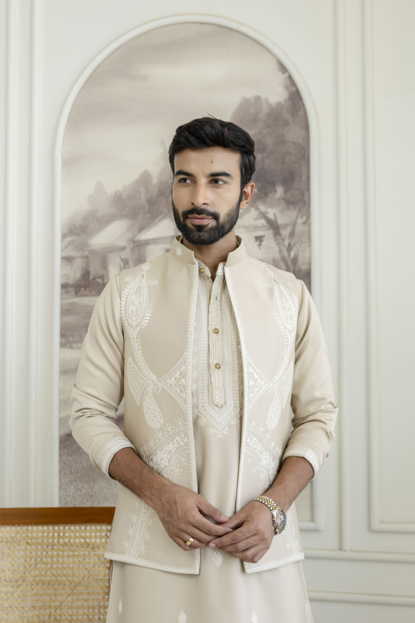 Embroidered Koti Kurta Set In Beige