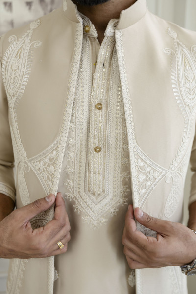 Embroidered Koti Kurta Set In Beige