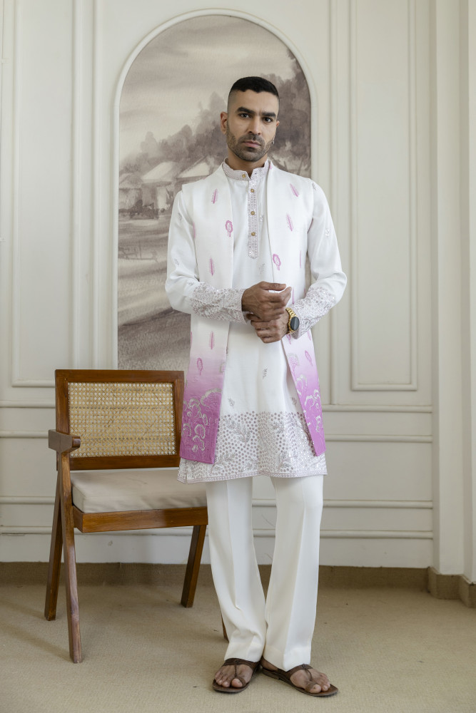 Image of Ombre Embroidered High Neck Jacket In Pink