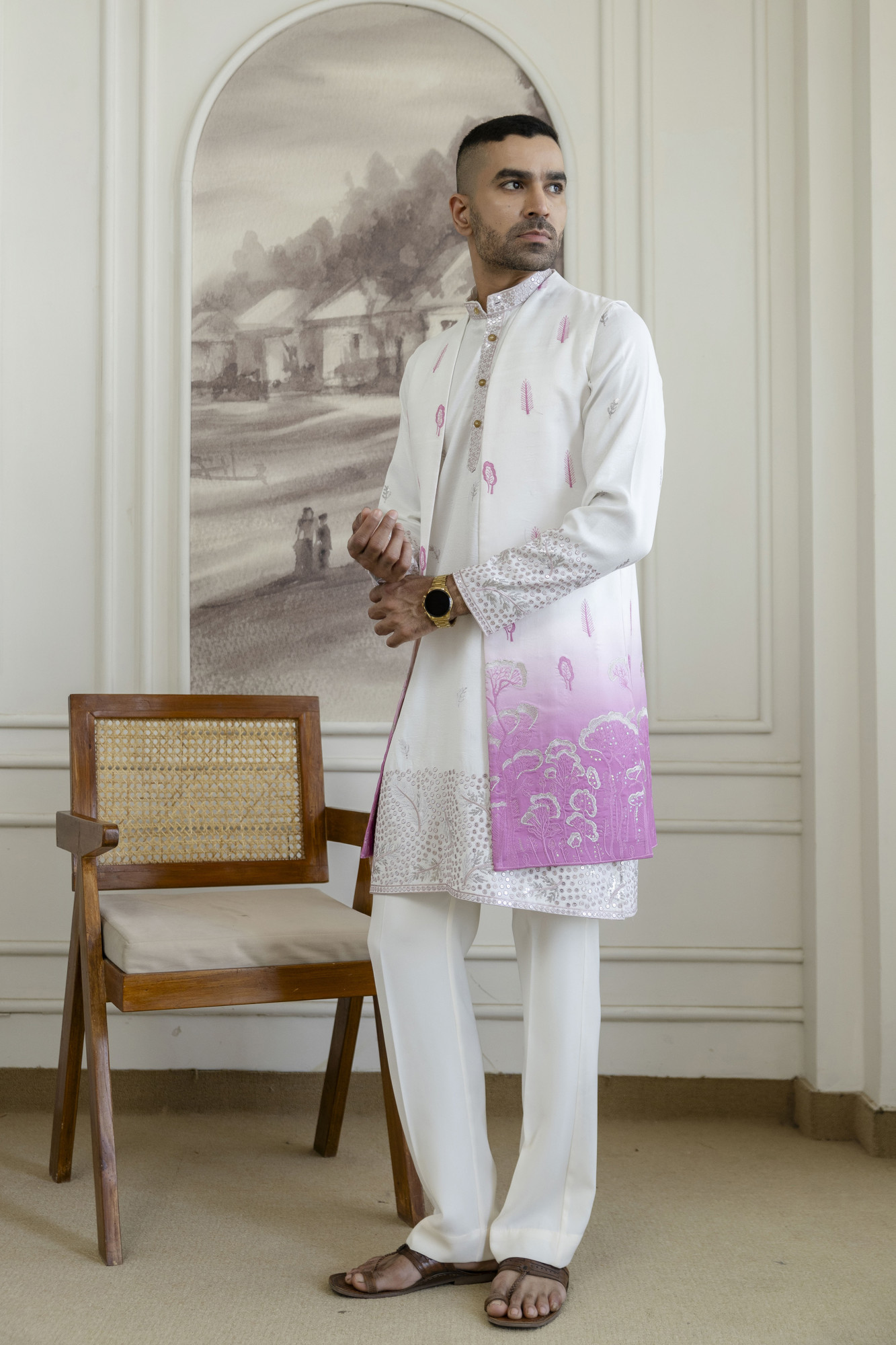 Ombre Embroidered High Neck Jacket In Pink