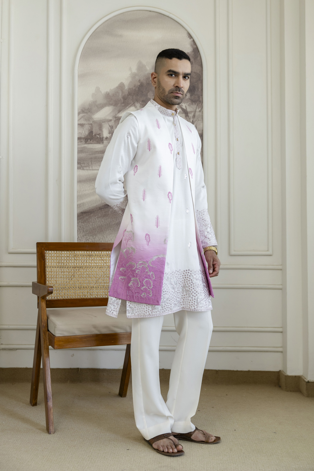 Ombre Embroidered High Neck Jacket In Pink