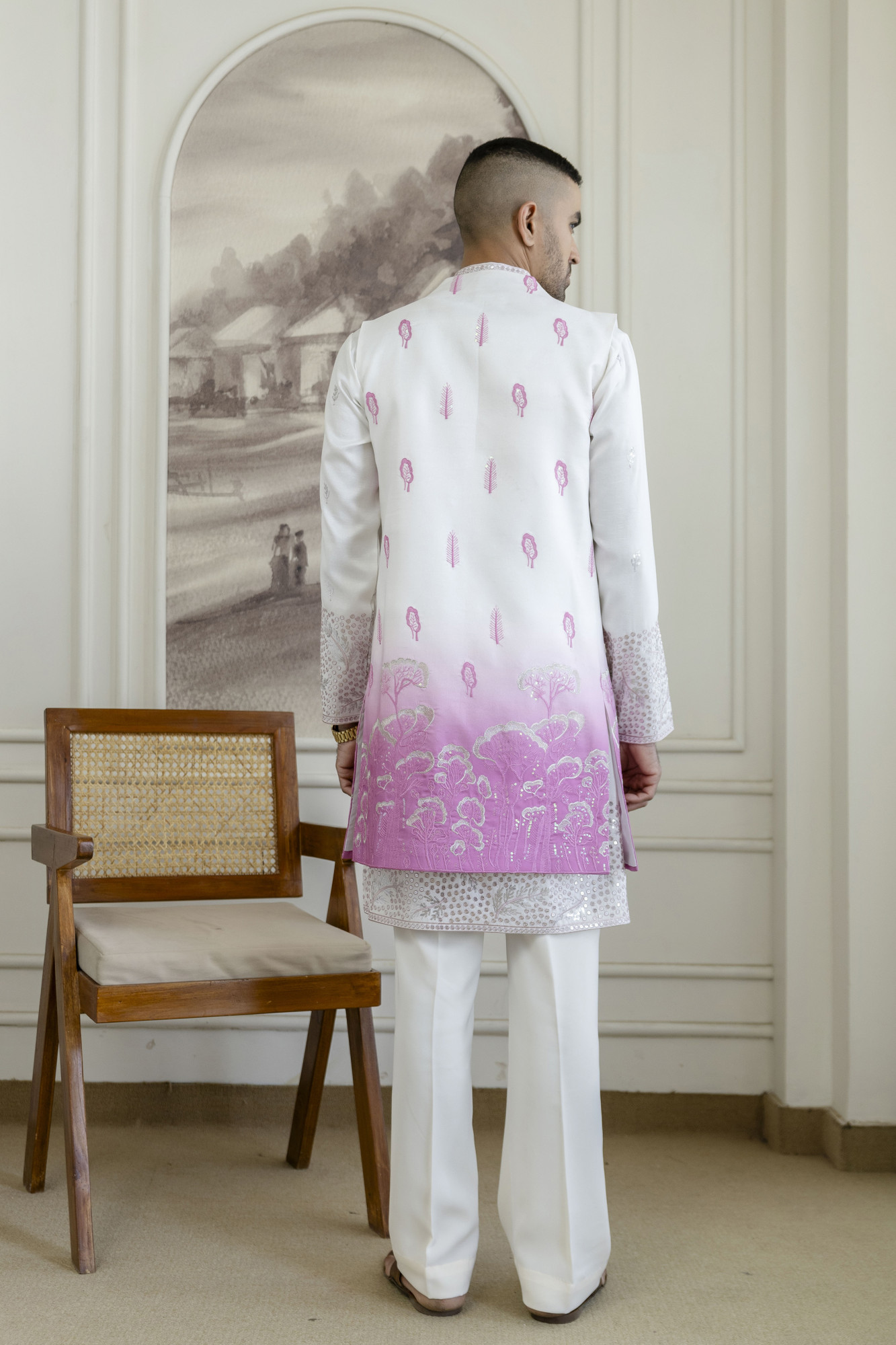 Ombre Embroidered High Neck Jacket In Pink