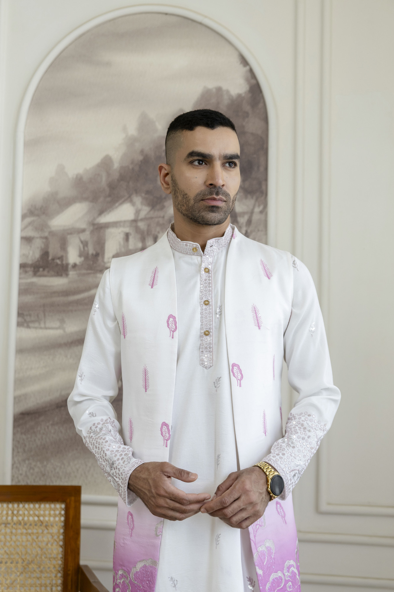 Ombre Embroidered High Neck Jacket In Pink