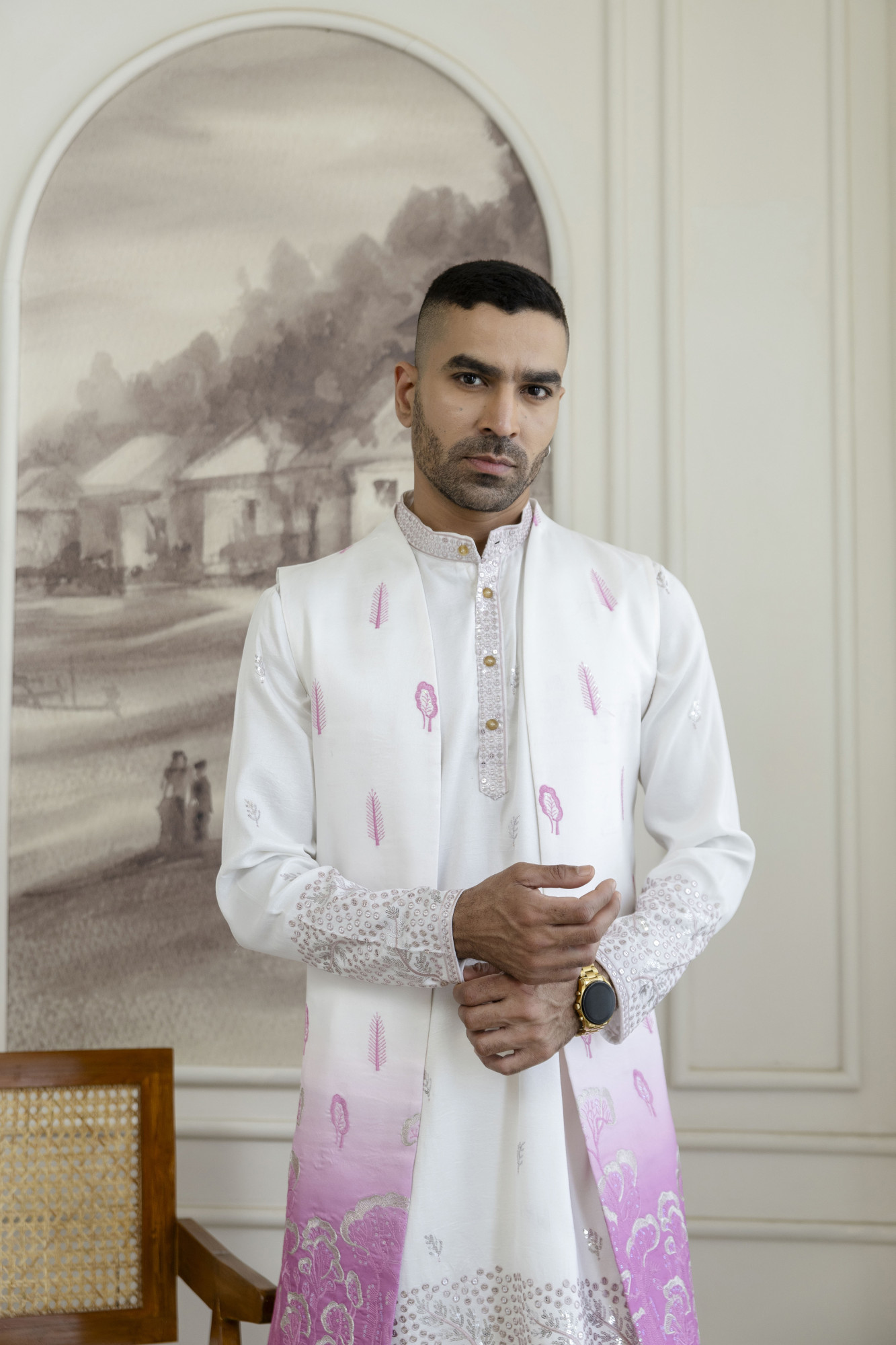 Ombre Embroidered High Neck Jacket In Pink