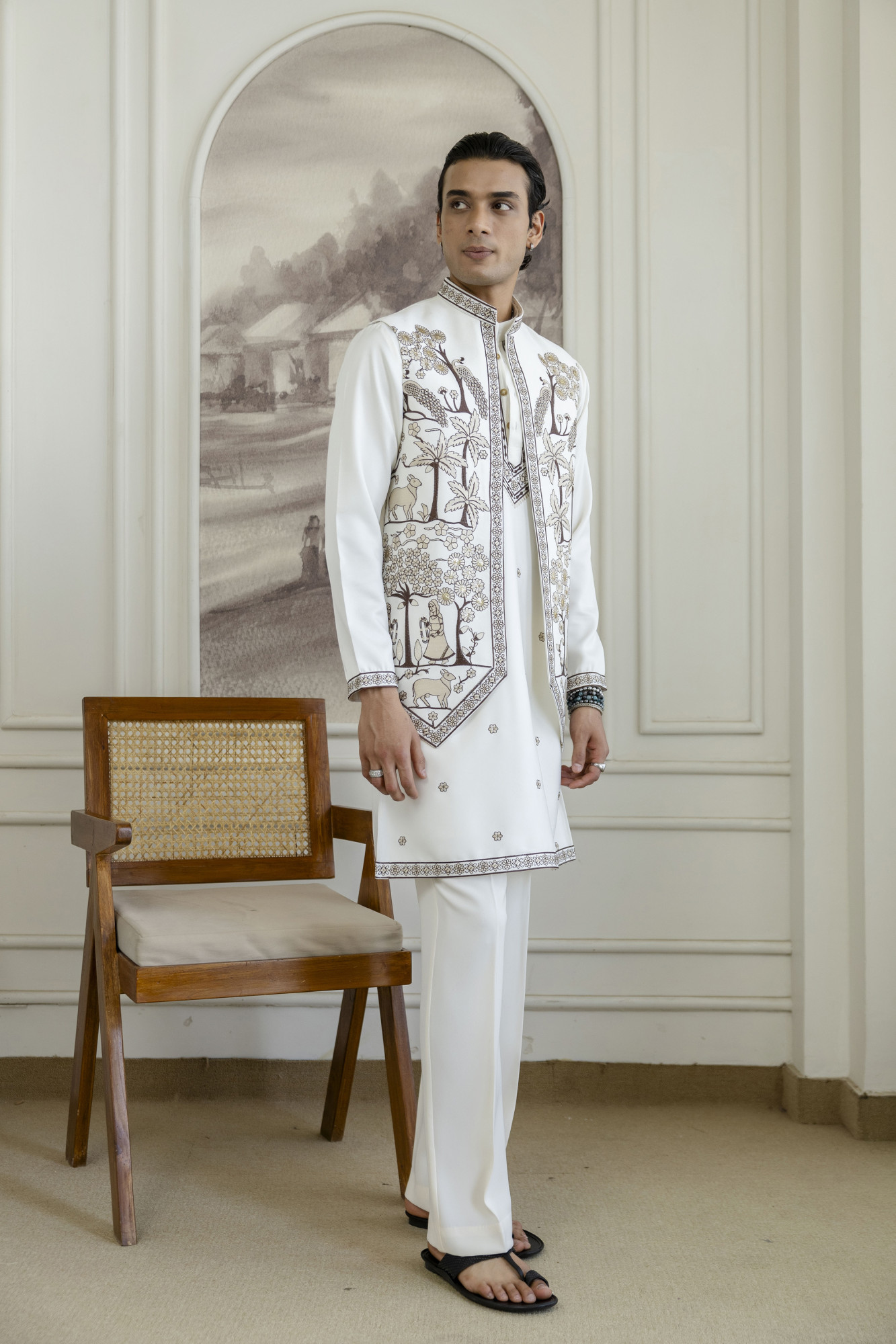 Embroidered Koti Kurta Set In White
