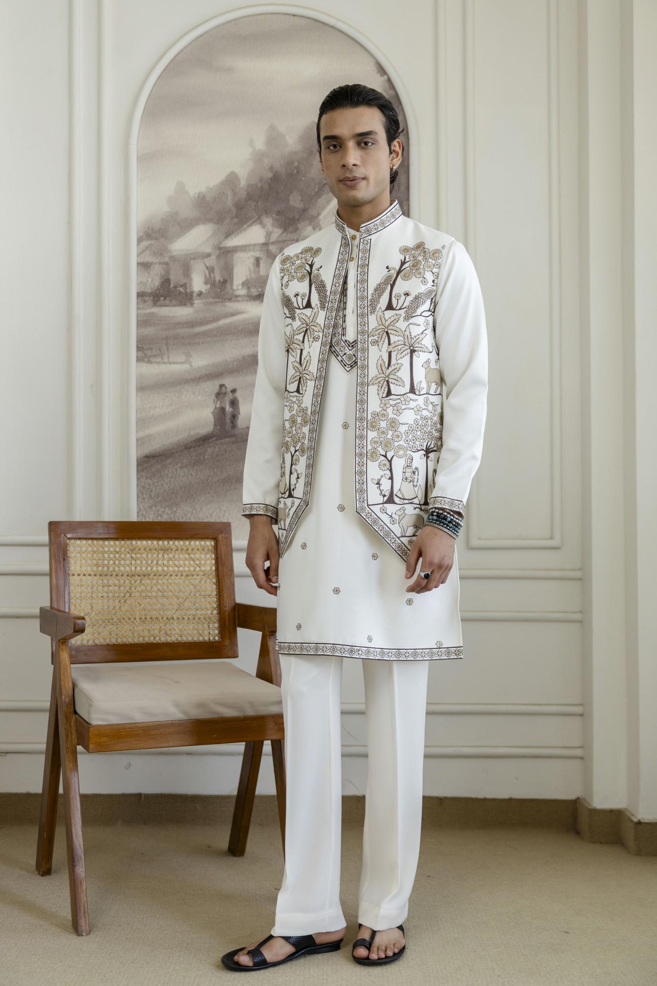 Embroidered Koti Kurta Set In White
