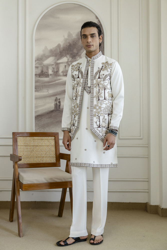 Image of Embroidered Koti Kurta Set In White