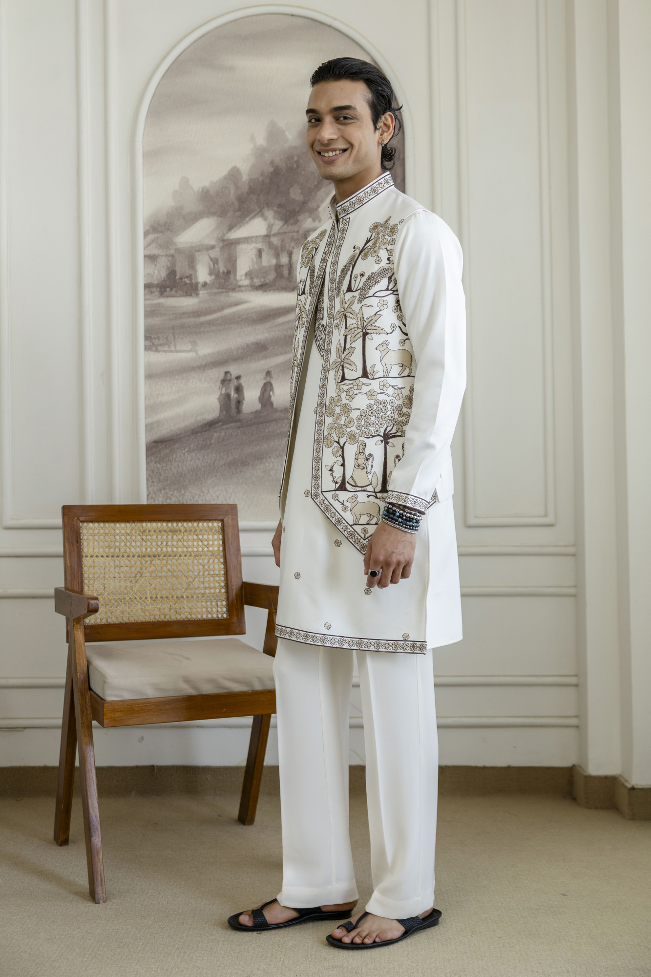 Embroidered Koti Kurta Set In White