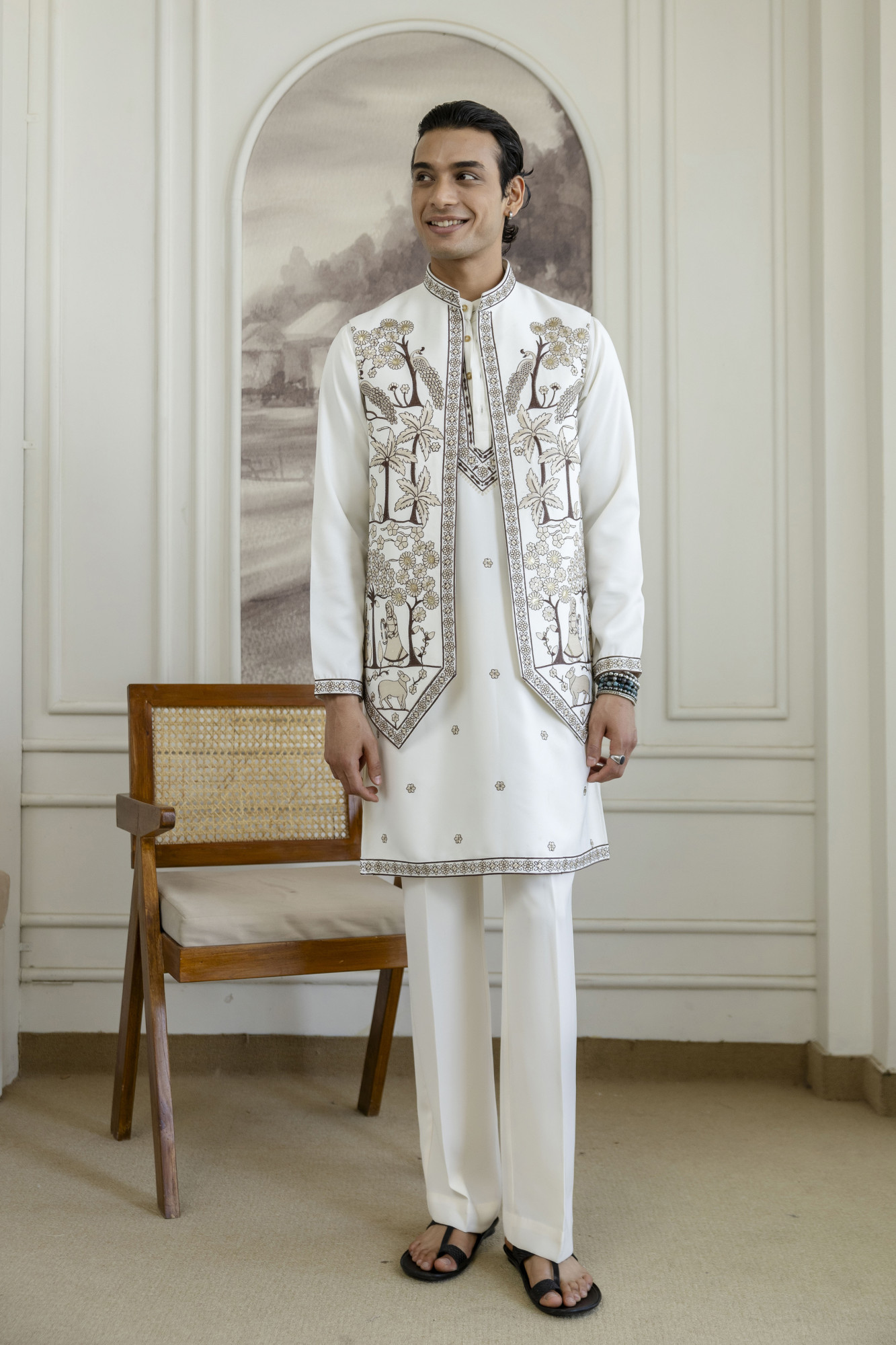 Embroidered Koti Kurta Set In White