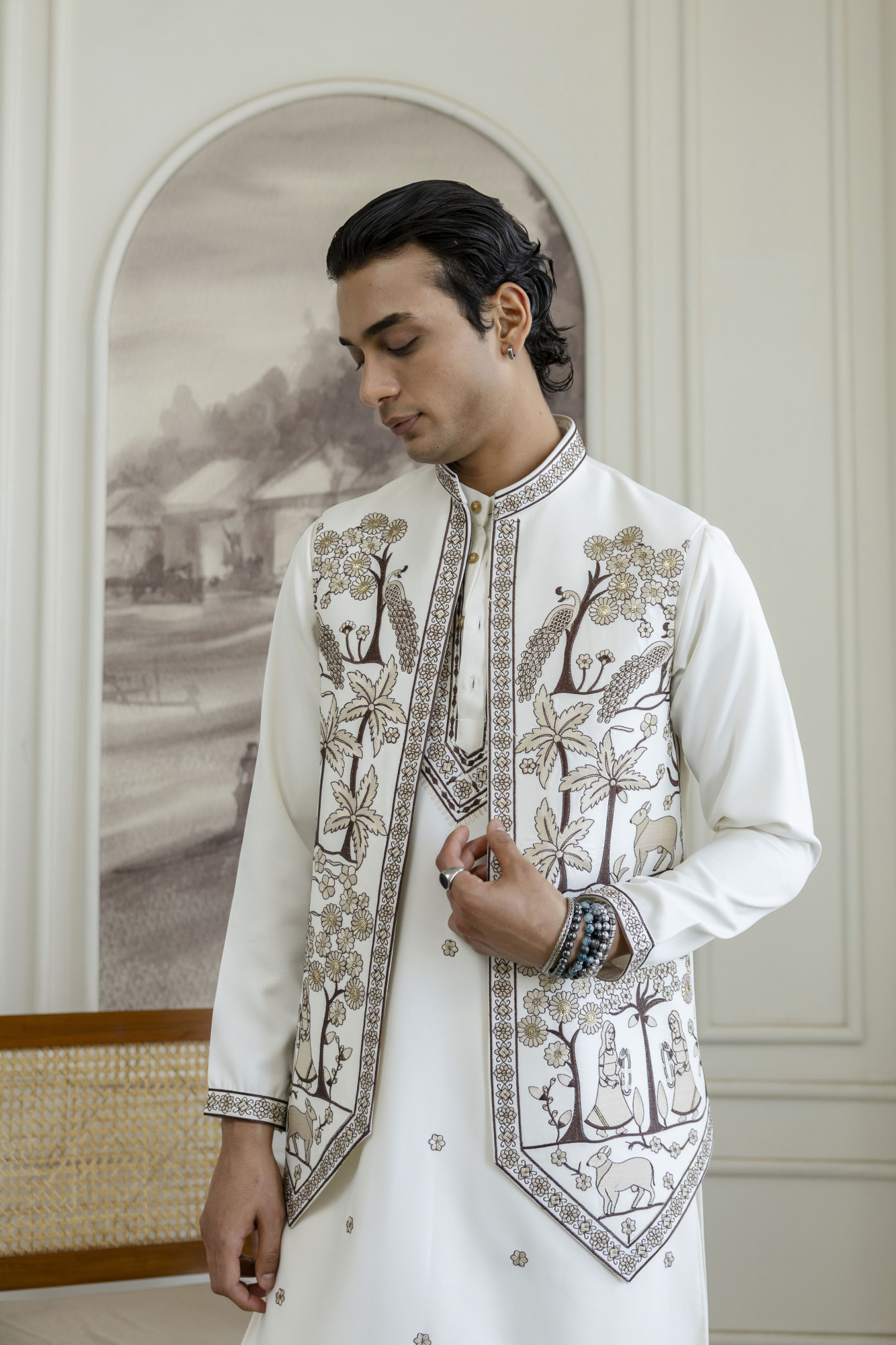 Embroidered Koti Kurta Set In White
