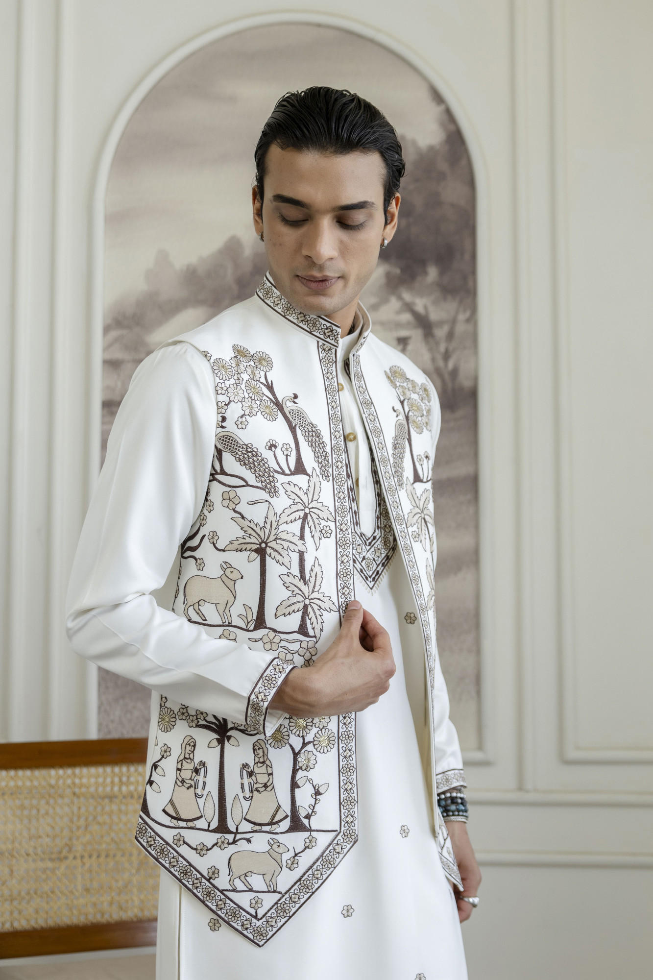 Embroidered Koti Kurta Set In White