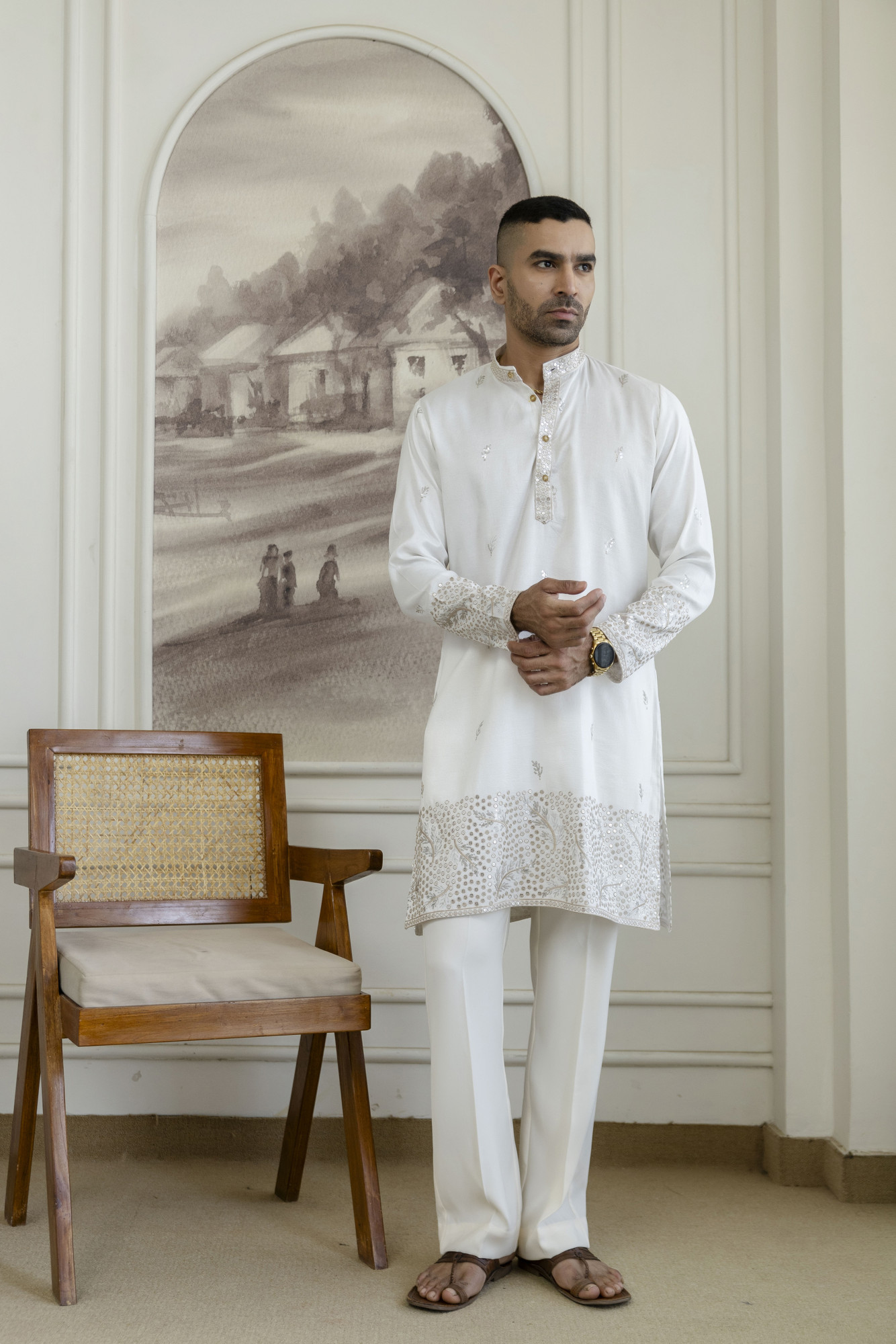 Embroidered Daman Work Kurta In Brown