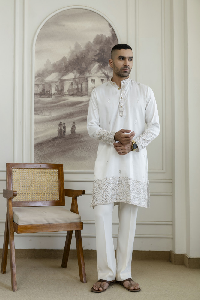Image of Embroidered Daman Work Kurta In Brown