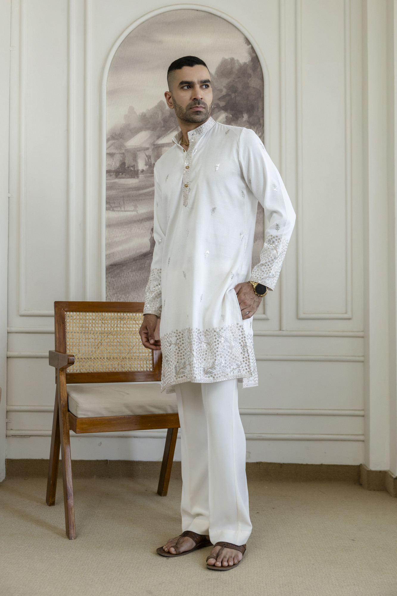 Embroidered Daman Work Kurta In Brown