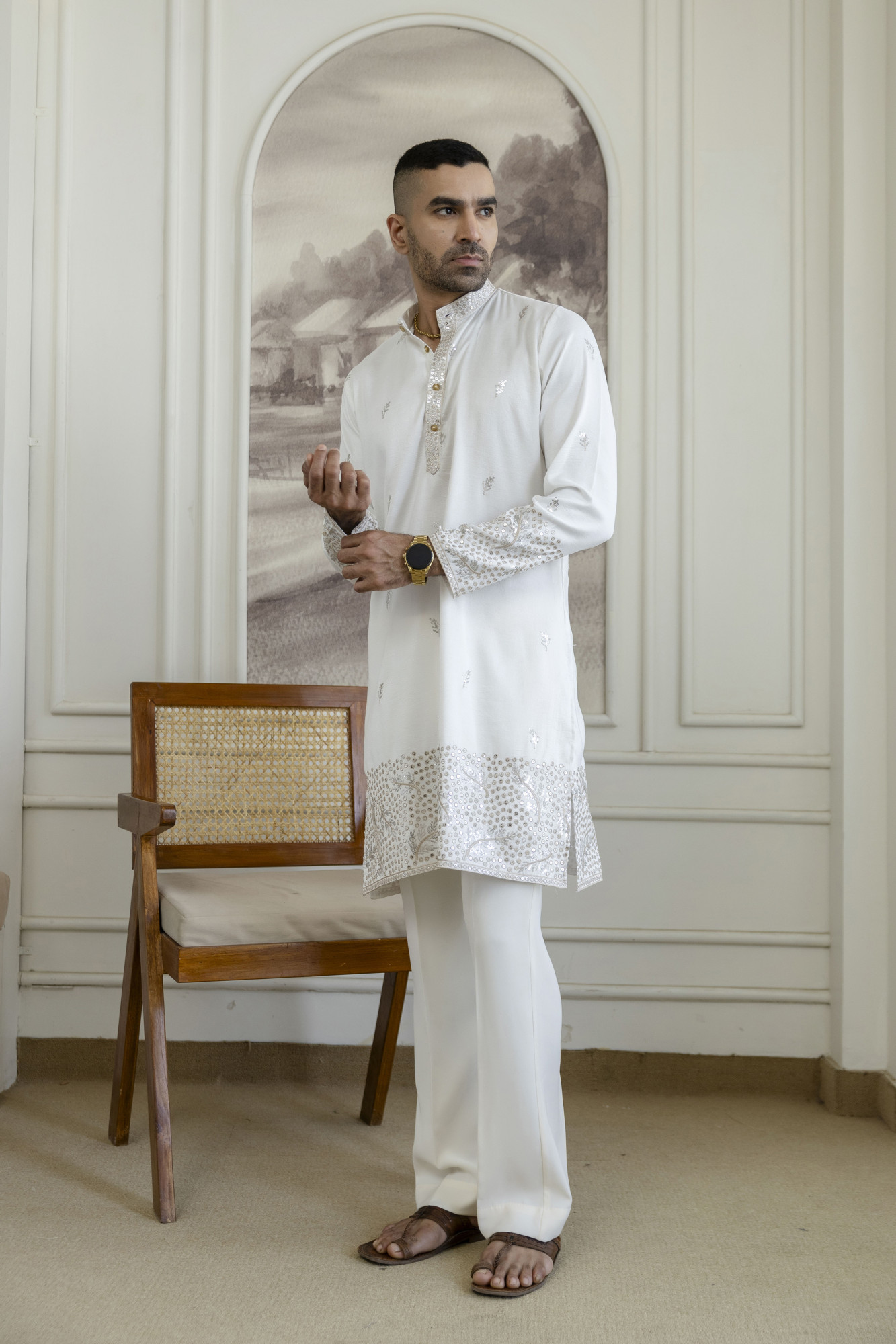 Embroidered Daman Work Kurta In Brown